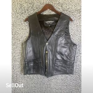 Unik Men's Black Leather Motorcycle Vest Medium Snap Closure